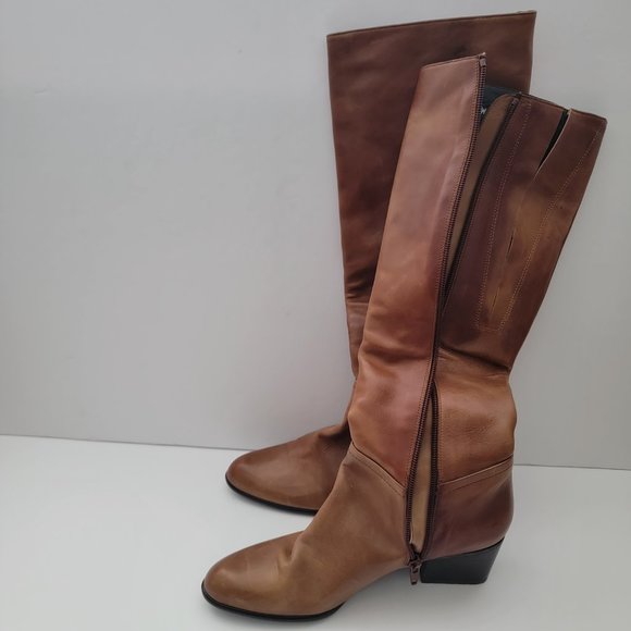 Stuart Weitzman | Brown Leather Over the Calf Rider Heeled Boots - Picture 1 of 15